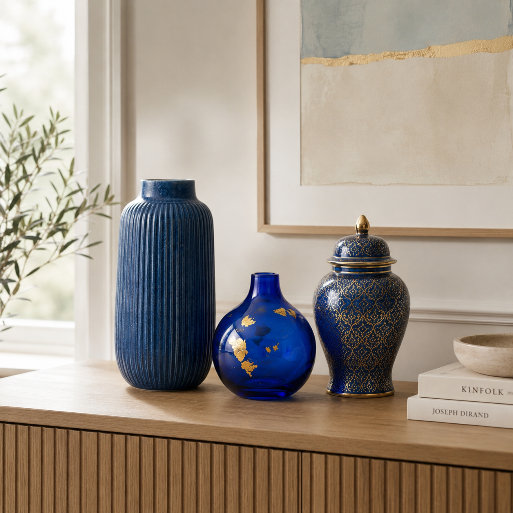 Royal Blue Decorative Vase Set of 3 – Ceramic & Glass Luxury Home Décor Collection