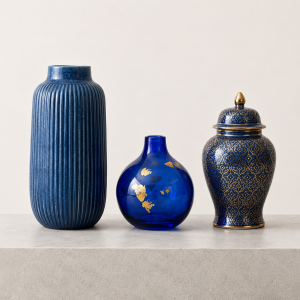 Royal Blue Decorative Vase Set of 3 – Ceramic & Glass Luxury Home Décor Collection