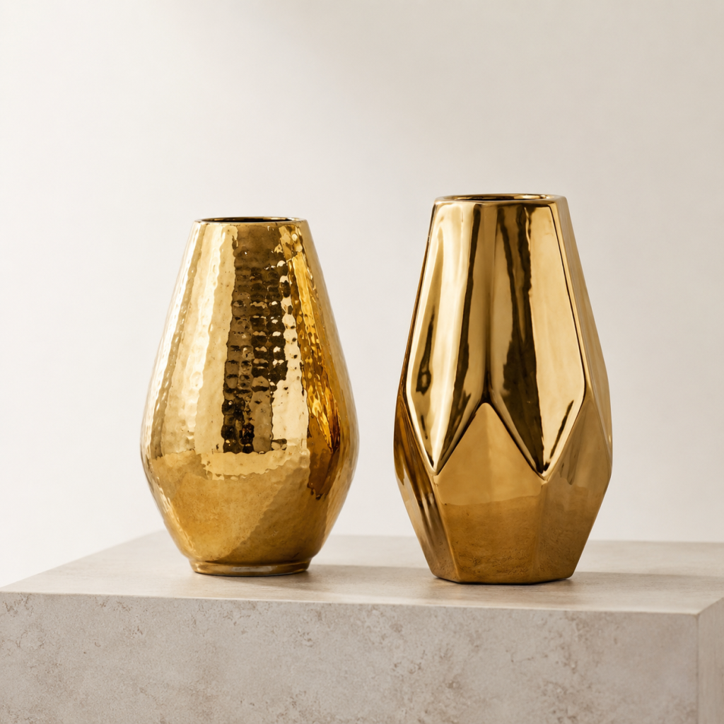 Luxury Gold Decorative Vase Set – Hammered Teardrop & Geometric Metallic Vases (Set of 2)