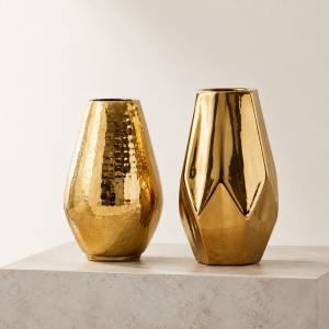 Luxury Gold Decorative Vase Set – Hammered Teardrop & Geometric Metallic Vases (Set of 2)