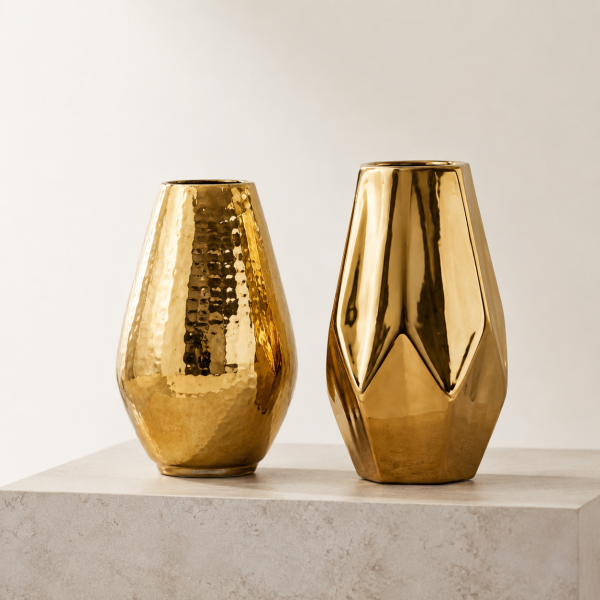 Luxury Gold Decorative Vase Set – Hammered Teardrop & Geometric Metallic Vases (Set of 2)