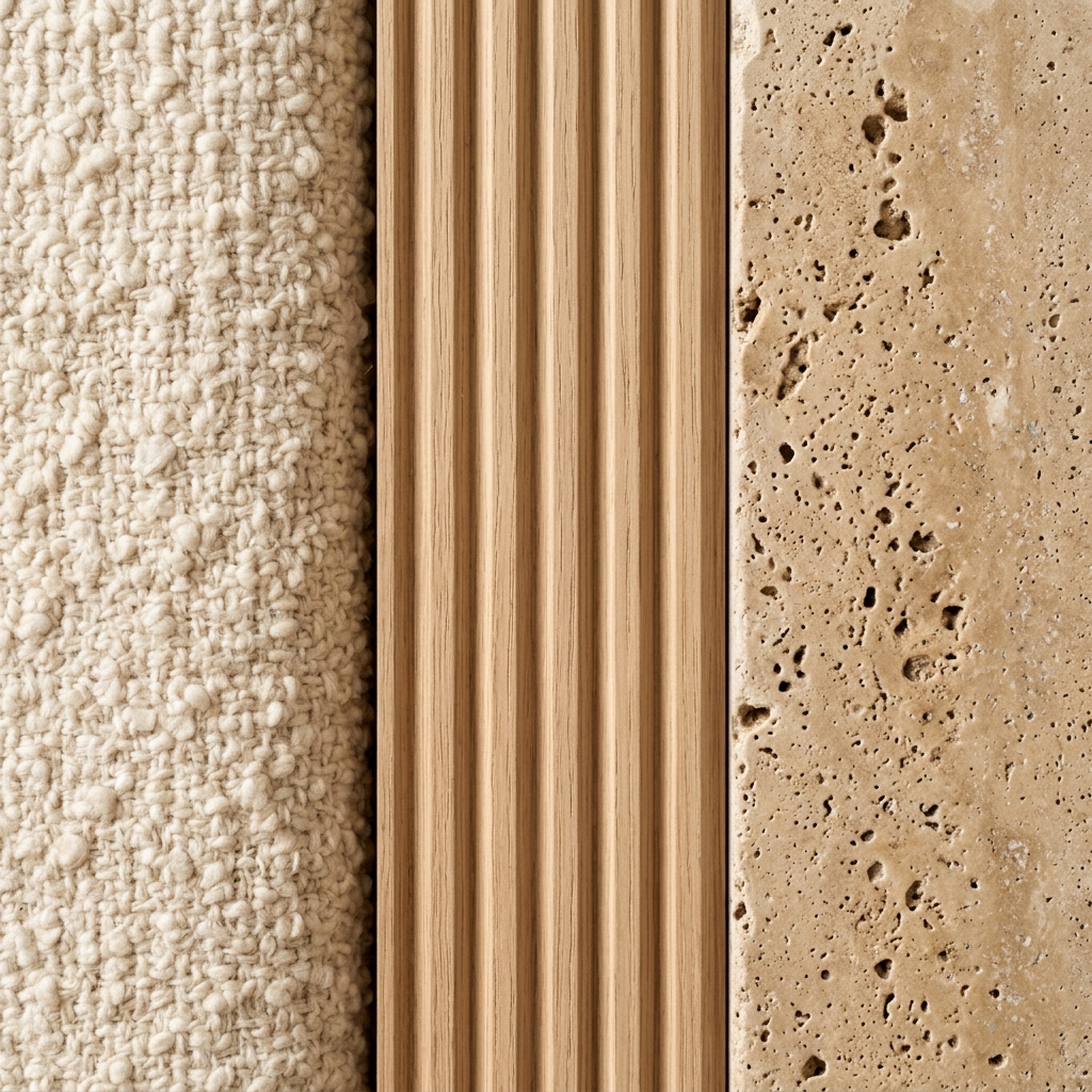 Close-up detail of bouclé fabric, fluted wood, and travertine stone